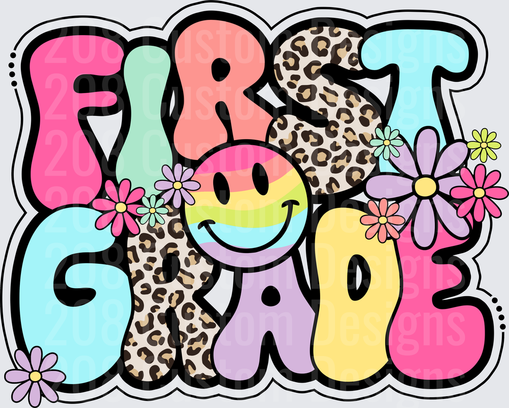 First Grade Retro Smiley Face Leopard Print Floral Groovy