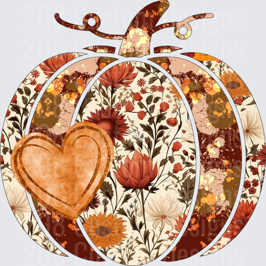 Boho Floral Pumpkin with Glitter Heart Fall Wildflowers