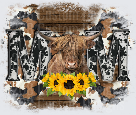 Highland Cow Mom with Sunflowers Cow Print Background