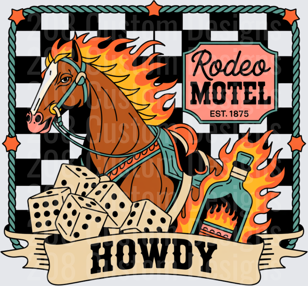 Howdy Rodeo Motel Western Horse with Flames Dice and Whiskey