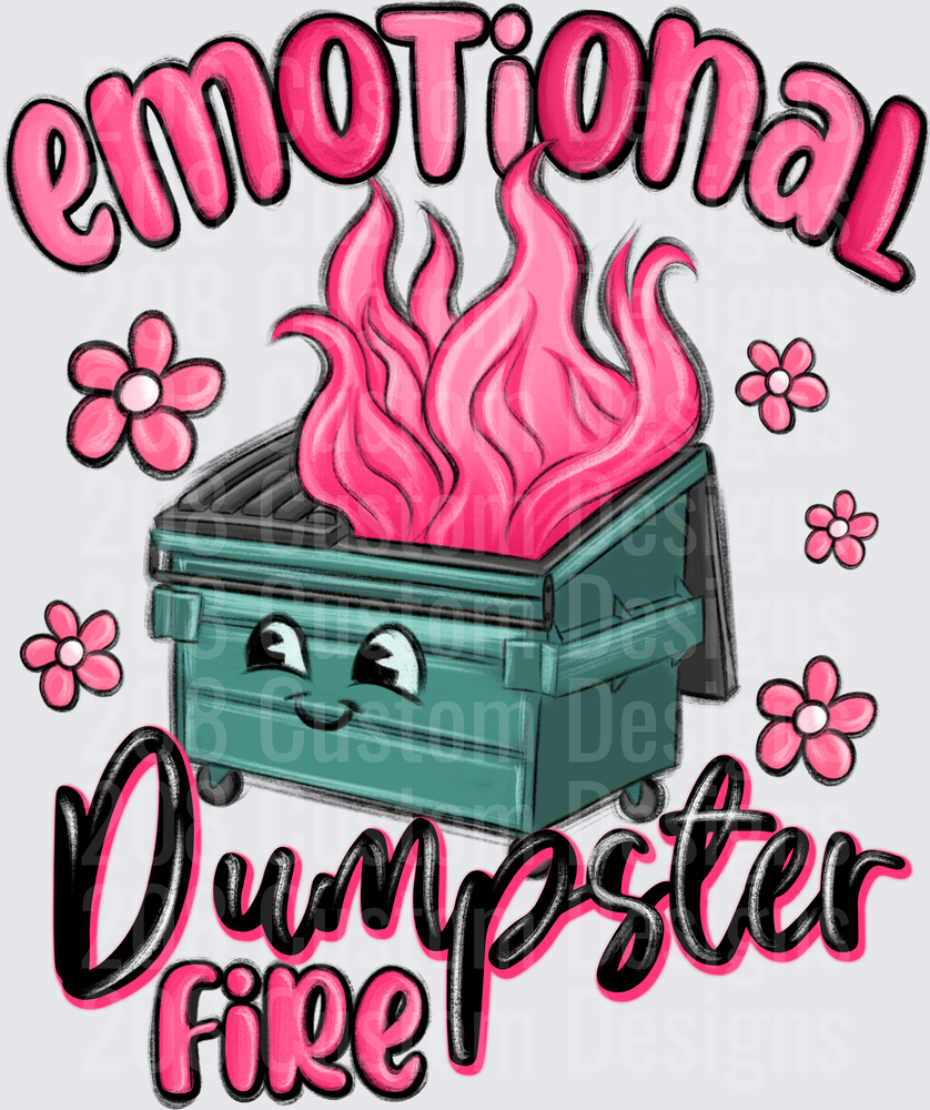 Emotional Dumpster Fire Kawaii Cartoon with Pink Flames