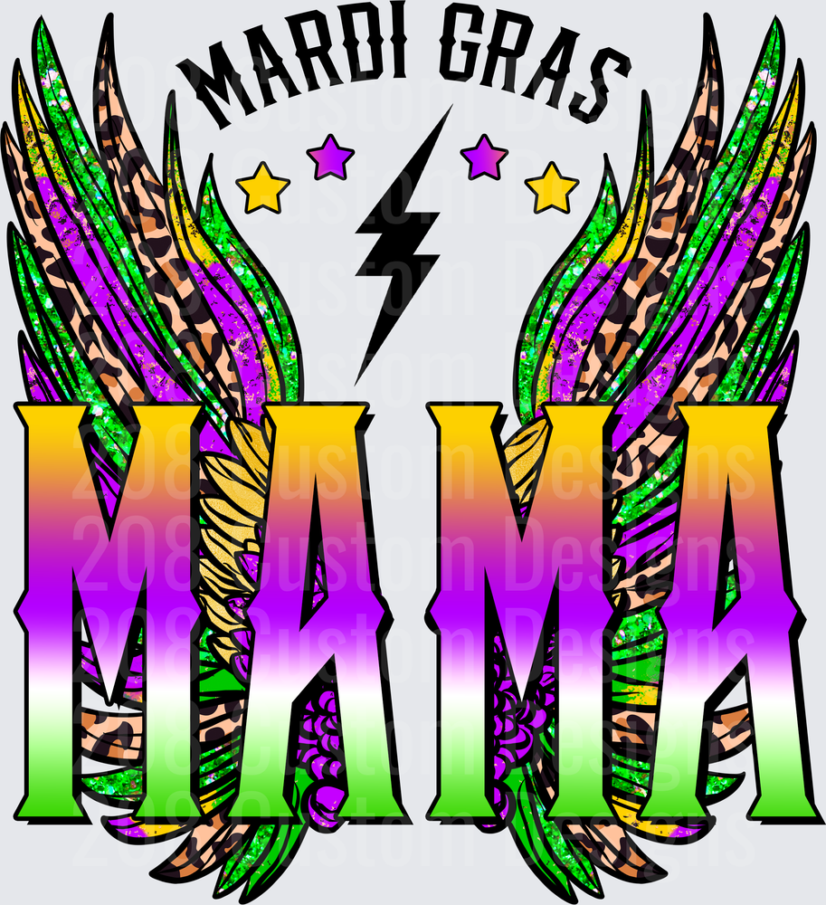 Mardi Gras Mama with Colorful Feathered Wings and Lightning Bolt