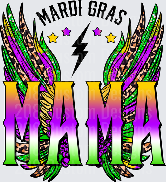 Mardi Gras Mama with Colorful Feathered Wings and Lightning Bolt
