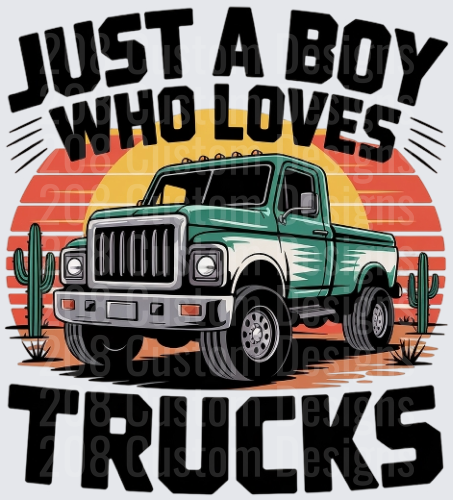Just A Boy Who Loves Trucks Vintage Desert Sunset Design