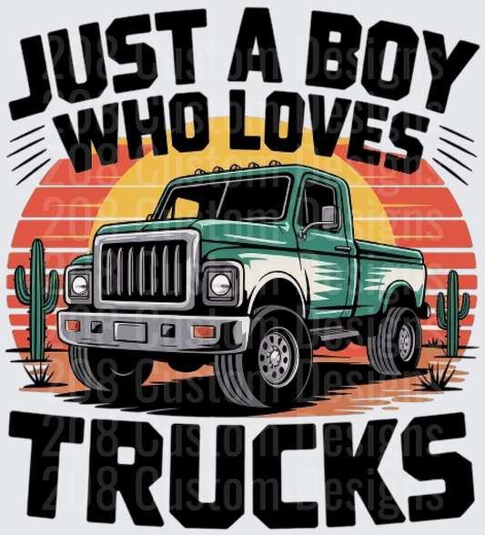 Just A Boy Who Loves Trucks Vintage Desert Sunset Design