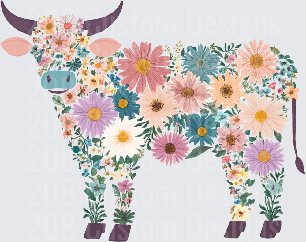 Floral Cow Silhouette with Colorful Daisy Pattern
