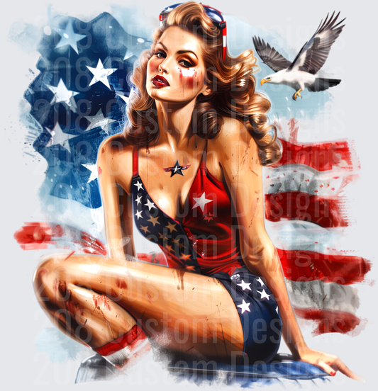 Patriotic Pin-Up Girl with American Flag and Eagle