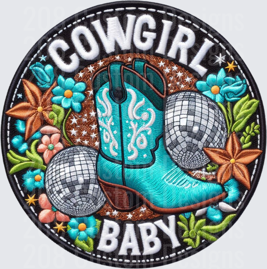 Cowgirl Baby Embroidered Patch Design with Disco Ball and Turquoise Boot