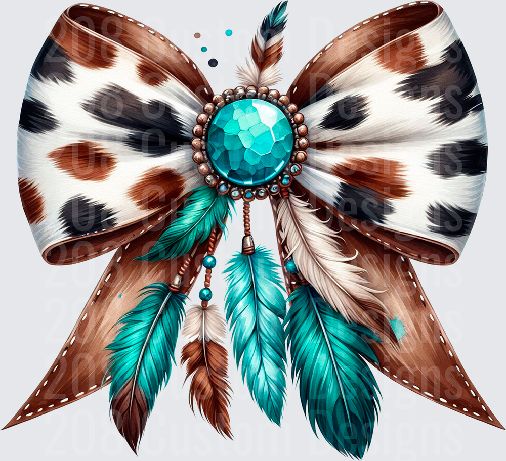 Boho Western Bow with Turquoise Gemstone and Feathers