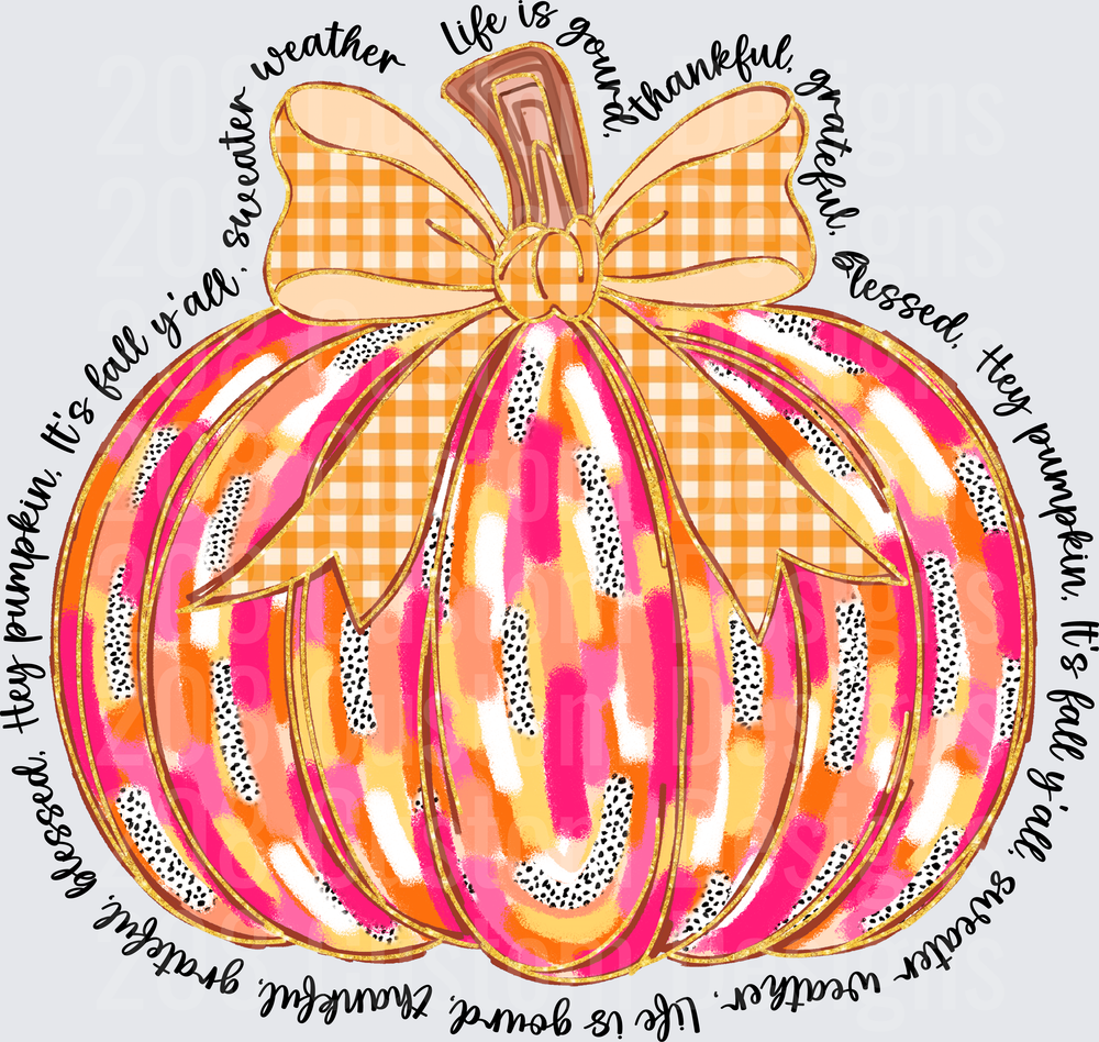 Grateful Pumpkin with Orange Gingham Bow and Thankful Text Circle