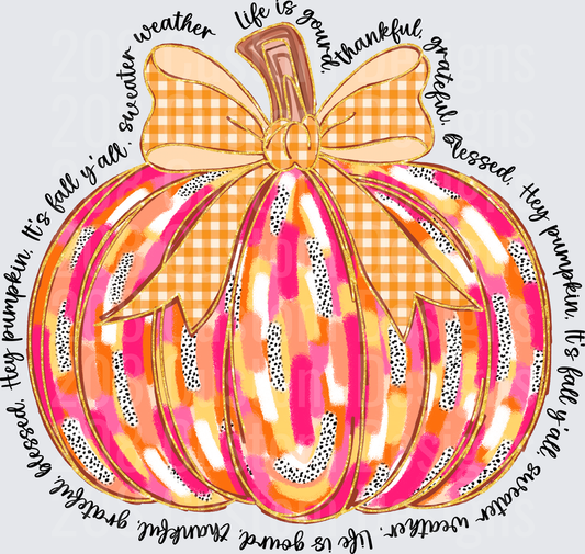 Grateful Pumpkin with Orange Gingham Bow and Thankful Text Circle