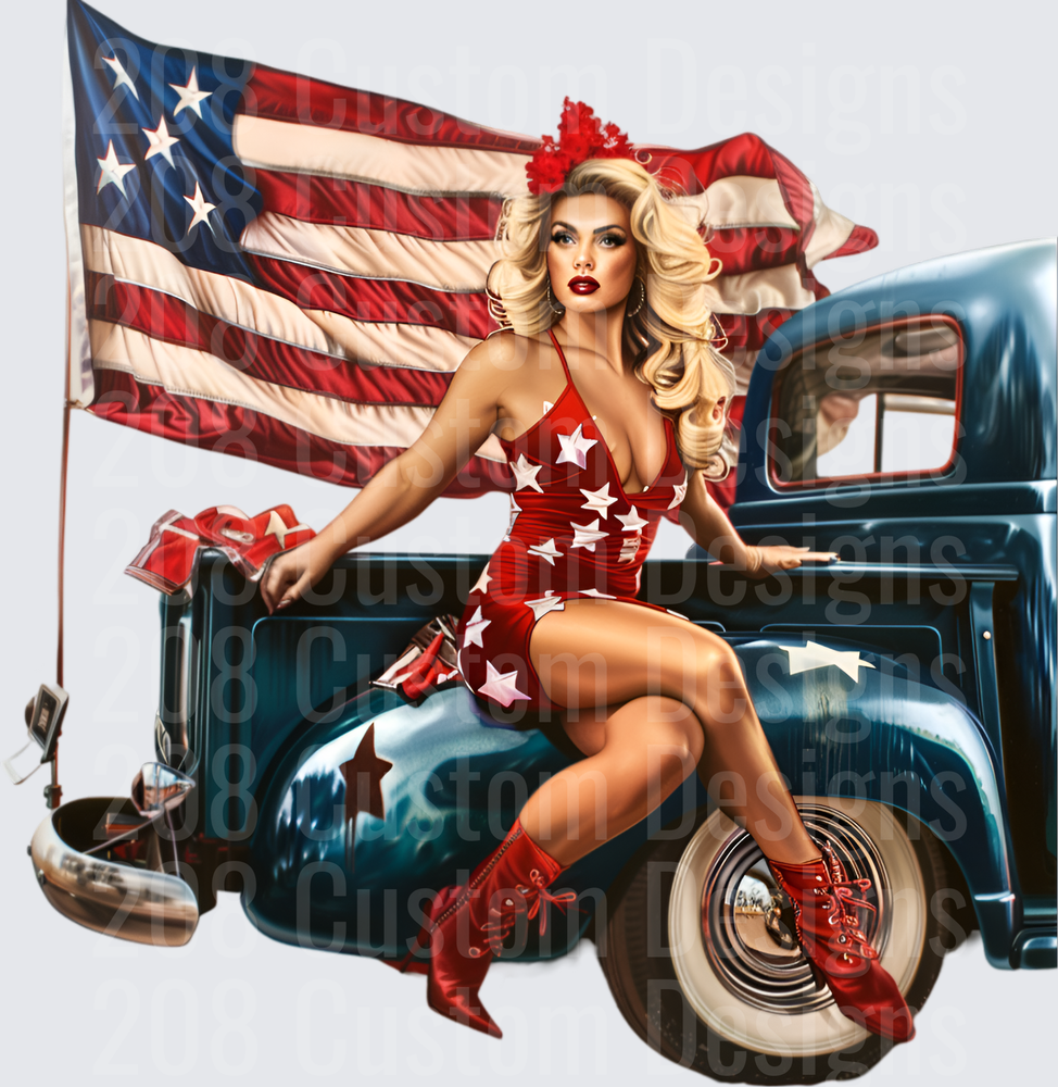 Patriotic Pin-Up Girl with Vintage Blue Truck and American Flag