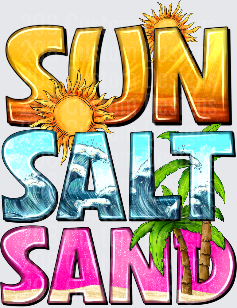 Sun Salt Sand Beach Typography with Ocean Waves and Palm Tree