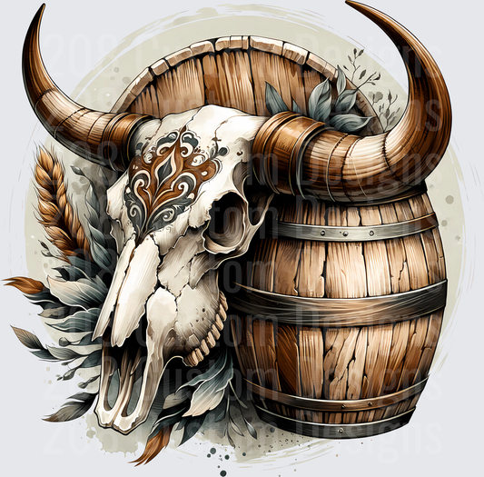 Bull Skull with Ornate Horns and Wooden Barrel Western Design
