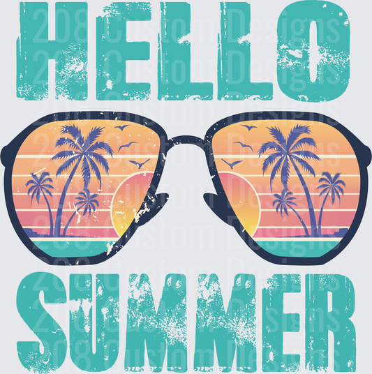 Hello Summer Retro Sunglasses with Palm Trees and Sunset