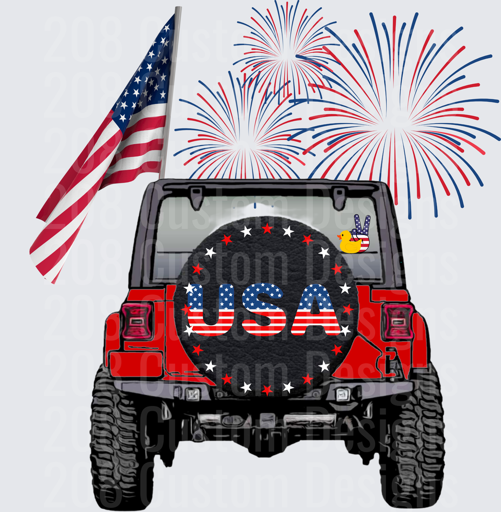 Red Jeep with USA Spare Tire Cover American Flag and Fireworks