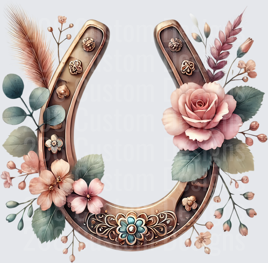 Ornate Horseshoe with Pink Roses and Eucalyptus Floral Arrangement