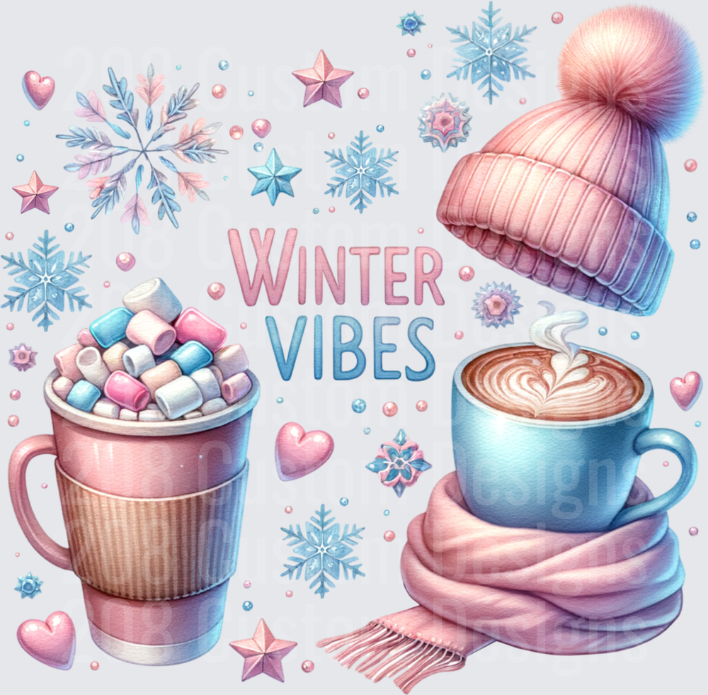 Winter Vibes Hot Cocoa Coffee Scarf Beanie Snowflakes Design