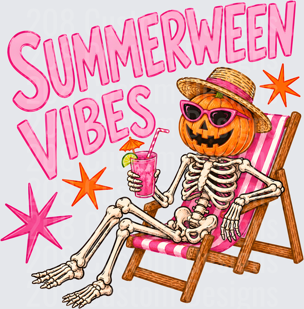 Summerween Vibes Skeleton Pumpkin Head Beach Chair Cocktail