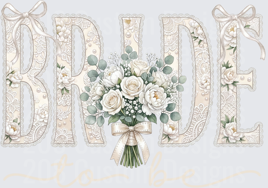 Bride to Be Lace Letters with White Rose Bouquet and Ribbons