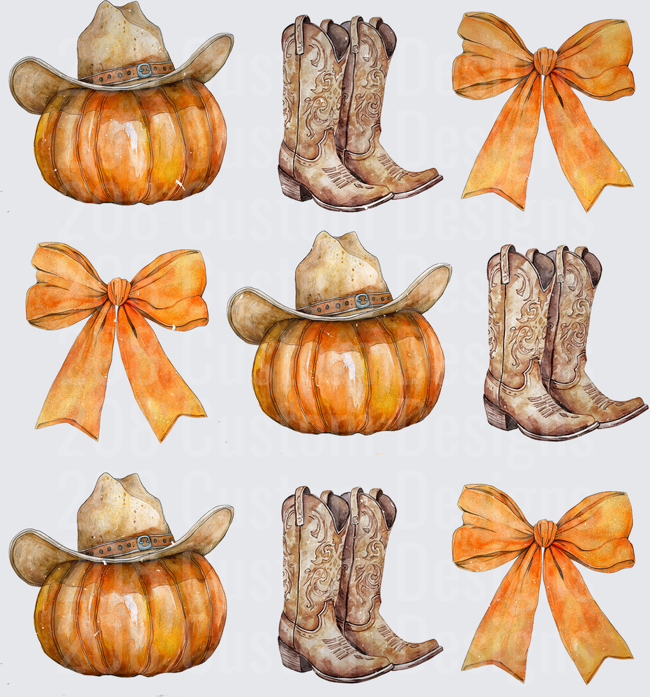 Western Fall Autumn Pumpkins Cowboy Boots Orange Bows Pattern