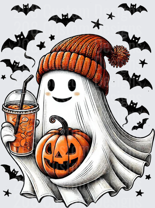 Cute Ghost in Orange Knit Beanie Holding Iced Coffee and Jack-o-Lantern with Bats