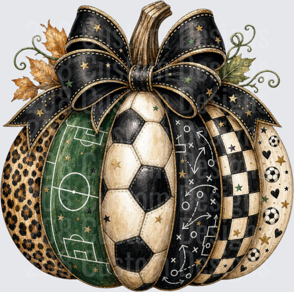 Soccer Themed Patchwork Pumpkin with Black Bow Fall