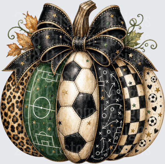 Soccer Themed Patchwork Pumpkin with Black Bow Fall