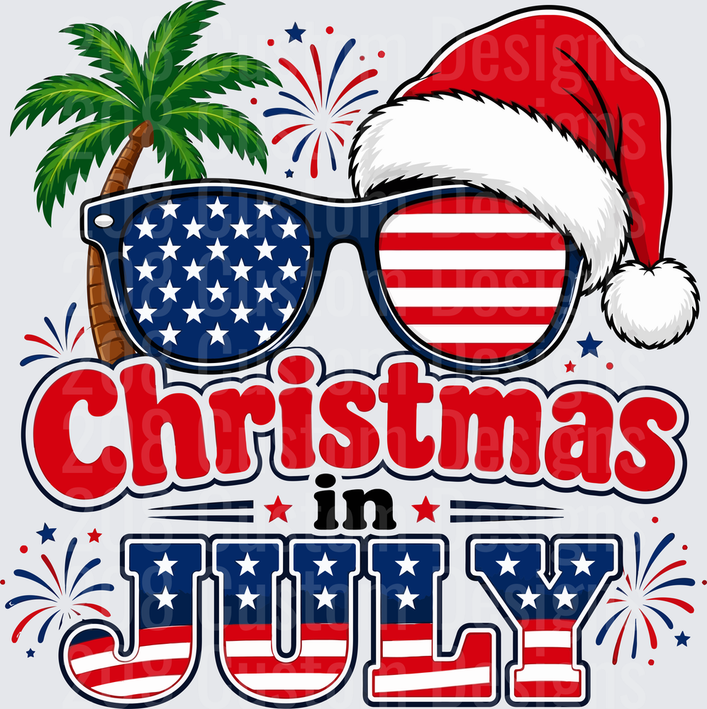 Christmas in July Santa Hat American Flag Sunglasses Palm Tree Fireworks