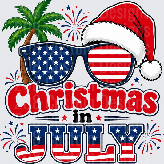 Christmas in July Santa Hat American Flag Sunglasses Palm Tree Fireworks