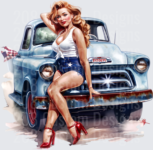 Pin-Up Girl with Classic 1950s Blue Pickup Truck and Red Heels