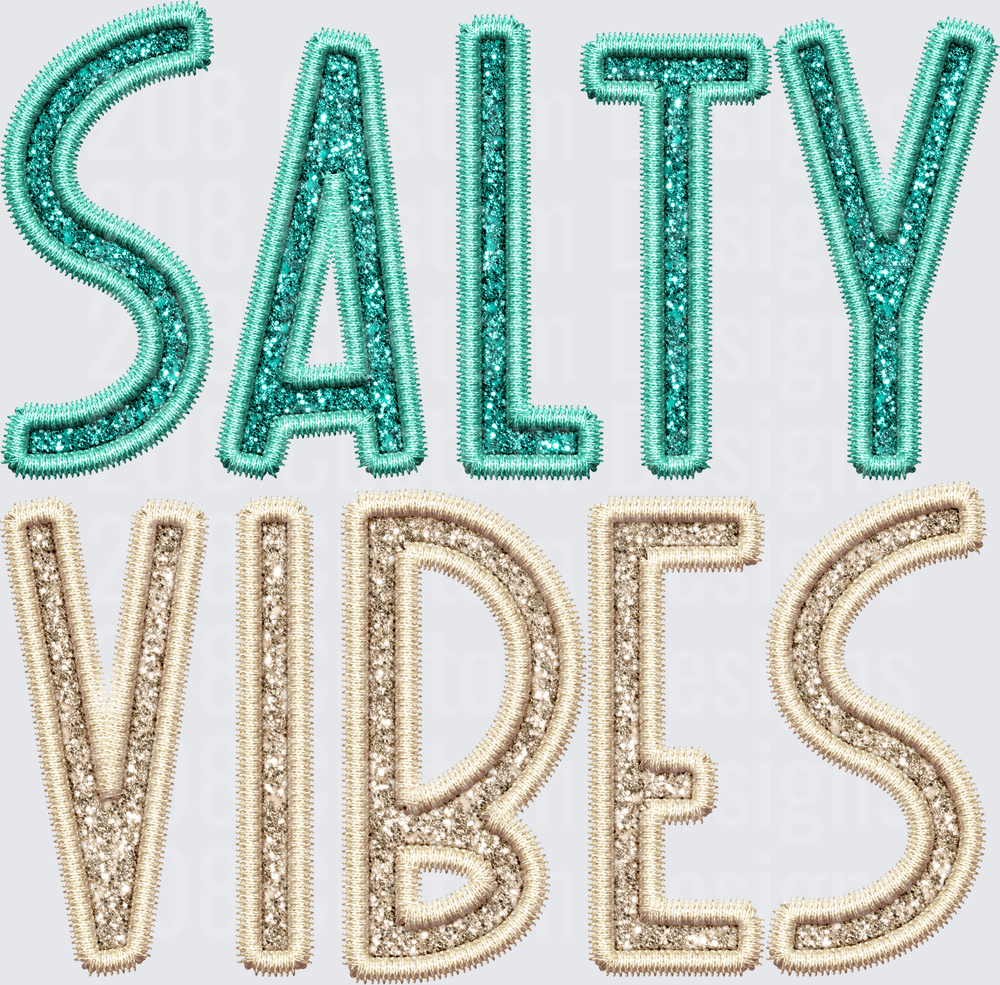 Salty Vibes Embroidered Text Design Turquoise and Tan