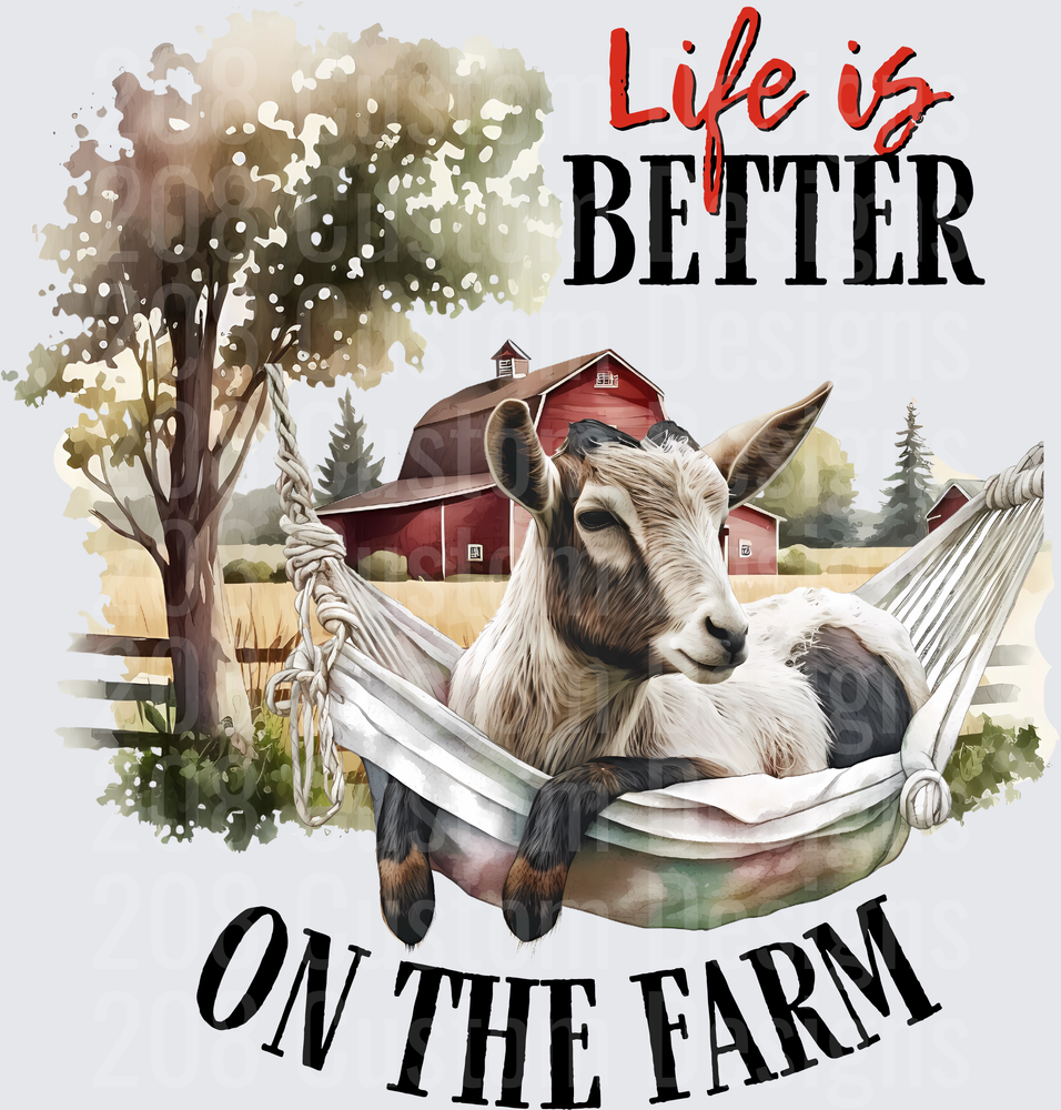 Life is Better on the Farm Goat in Hammock with Red Barn