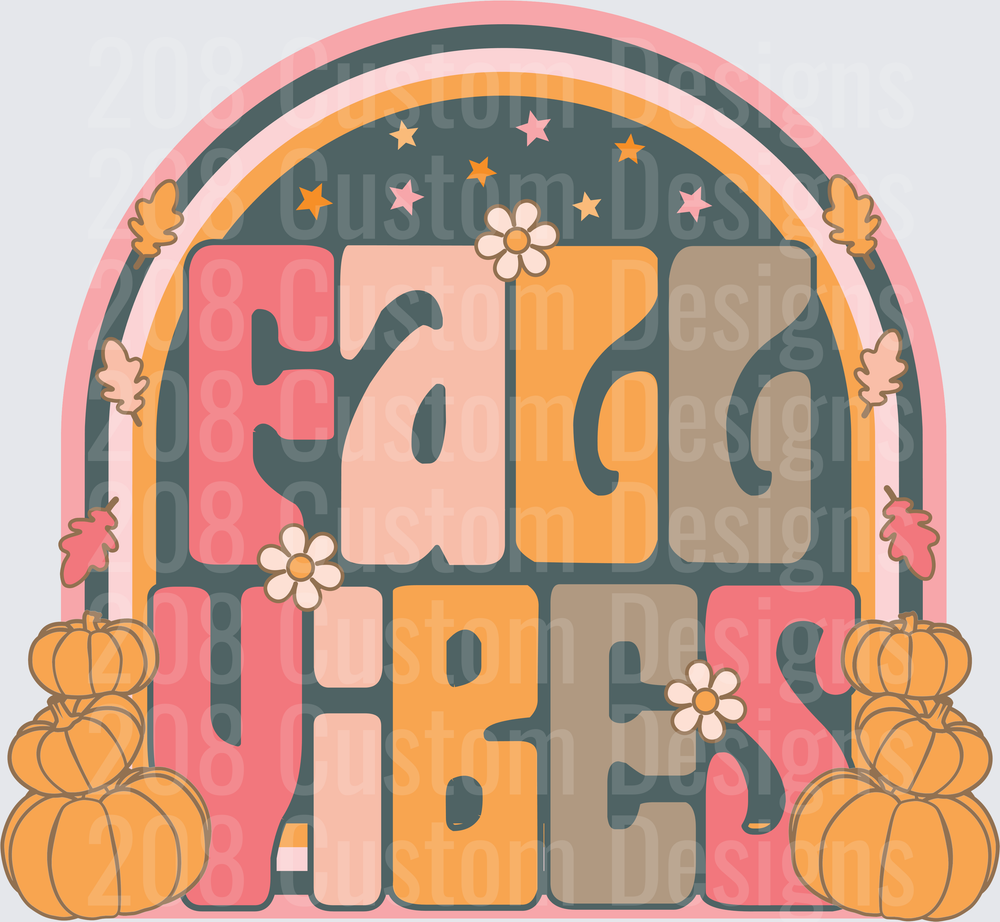 Fall Vibes Retro Rainbow with Pumpkins and Daisies