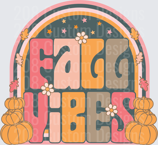 Fall Vibes Retro Rainbow with Pumpkins and Daisies