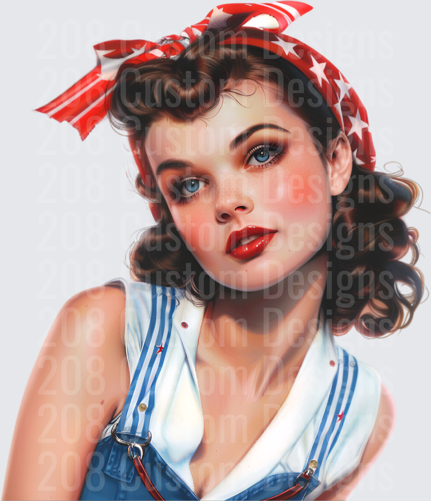 Vintage Pin-Up Girl with Red Star Bandana and Overalls