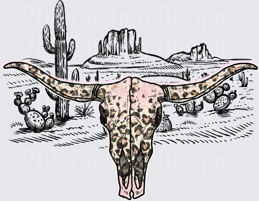 Leopard Print Bull Skull with Desert Landscape and Cacti