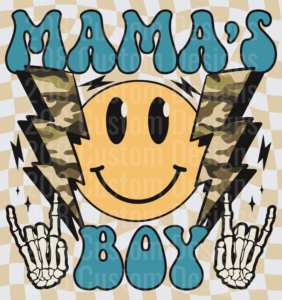 Mama's Boy Smiley Face Lightning Bolts Skeleton Hands Camo