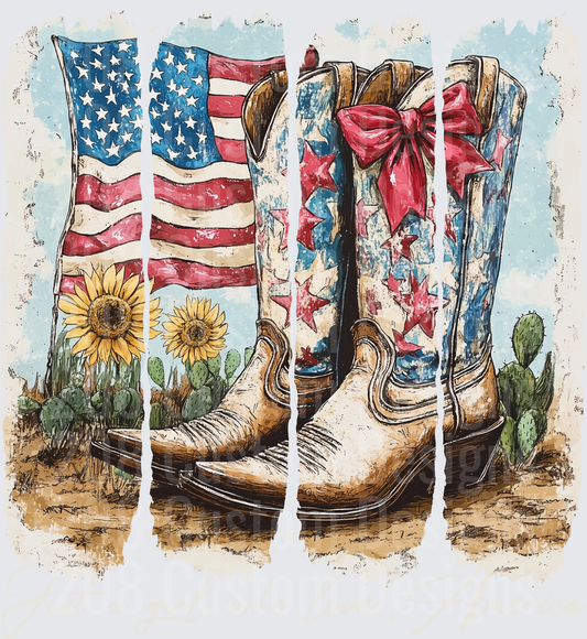 American Flag Cowboy Boots with Red Bow and Sunflowers Desert Scene