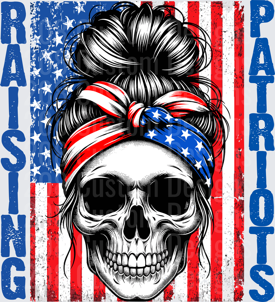 Skull with American Flag Bandana and Messy Bun Hairstyle