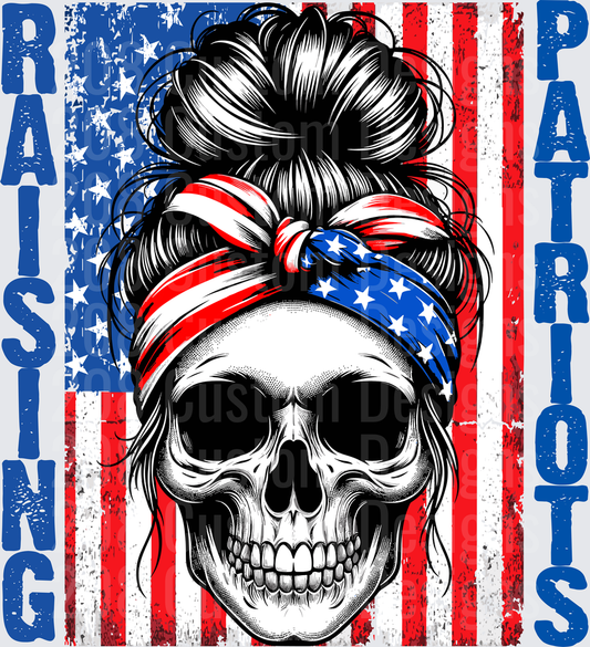 Skull with American Flag Bandana and Messy Bun Hairstyle