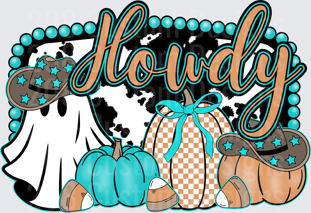 Howdy Fall Halloween Cow Print Ghost with Turquoise Pumpkins