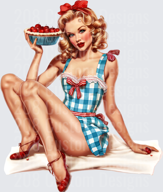 Vintage Pin-Up Girl with Cherry Pie in Blue Gingham Dress