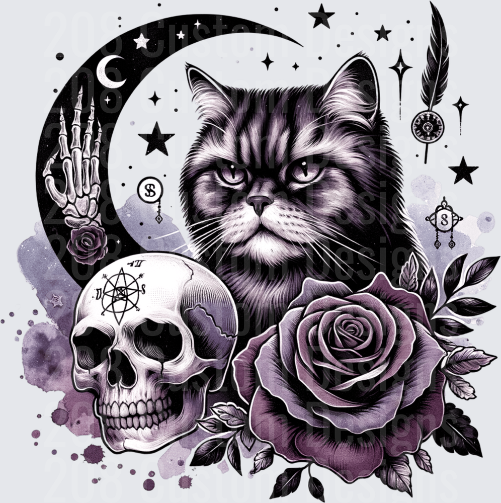 Gothic Black Cat Skull Crescent Moon Purple Rose Witchy
