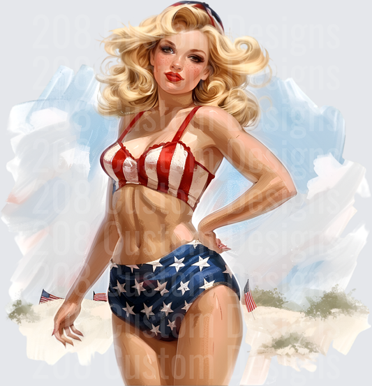 Vintage Pin-Up Girl in Patriotic American Flag Bikini