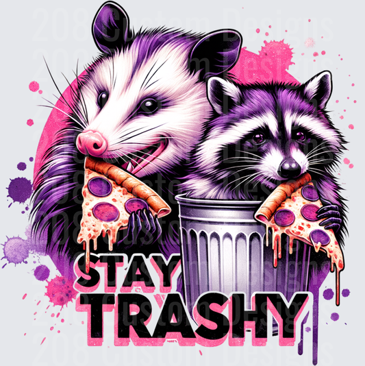 Stay Trashy Raccoon and Opossum Eating Pizza from Garbage Can