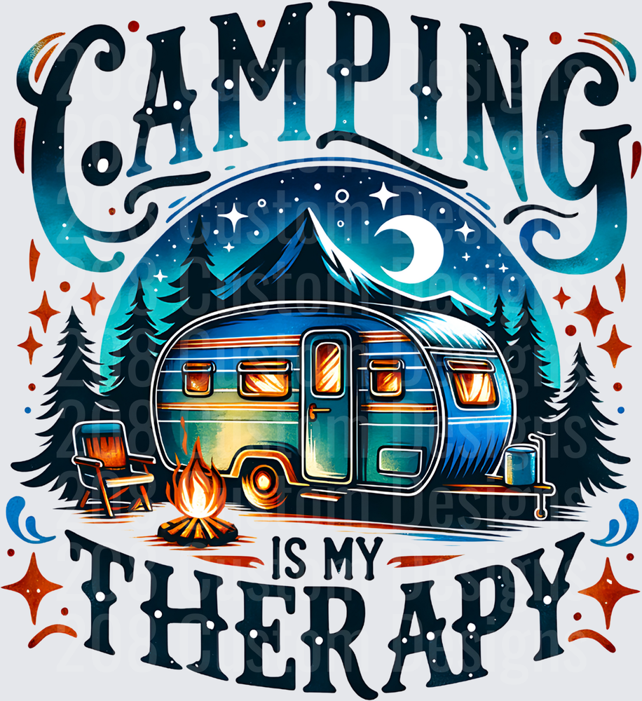 Camping Is My Therapy Travel Trailer Campfire Night Scene