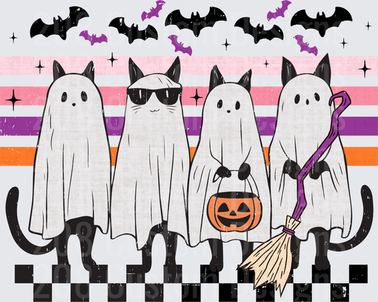 Halloween Ghost Cats with Bats Retro Stripe Checker