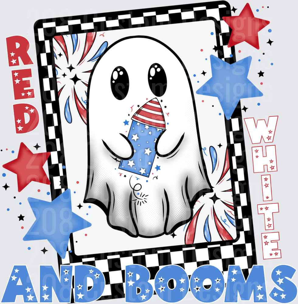 Cute Patriotic Ghost Holding American Flag Firework Red White Blue Stars