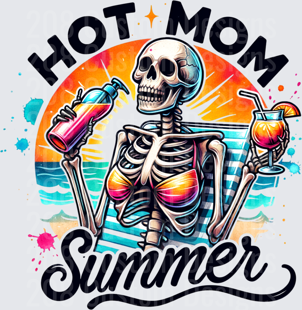 Hot Mom Summer Skeleton in Bikini with Cocktail and Sunscreen